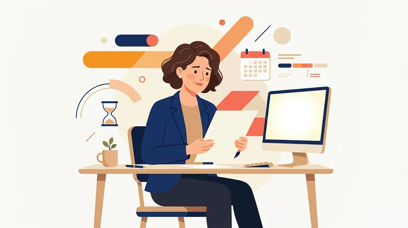 Femme au bureau avec ordinateur, calendrier et outils de gestion