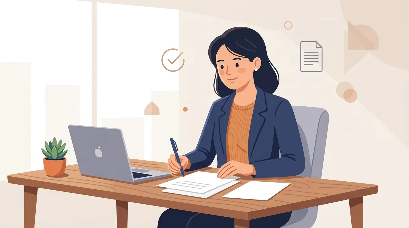 Femme en blazer bleu &eacute;crivant &agrave; son bureau avec laptop