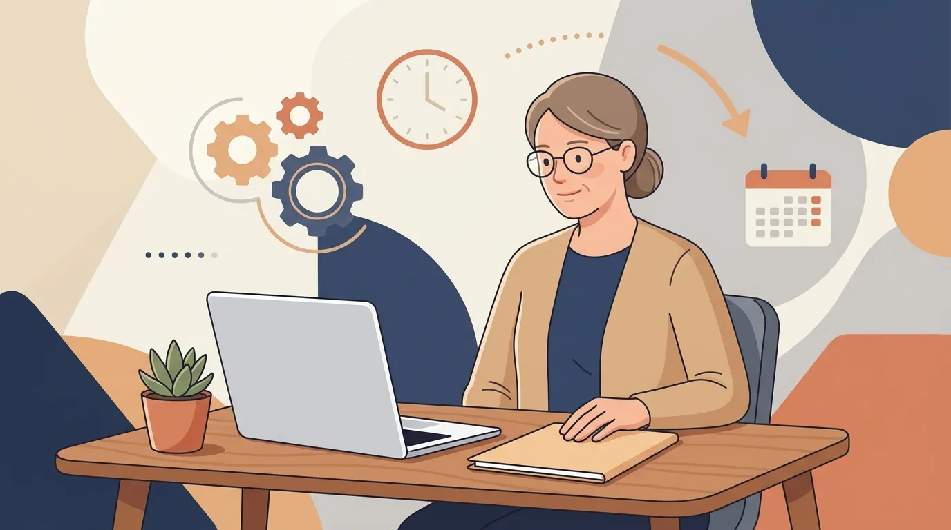 Femme au bureau avec laptop et outils de productivité
