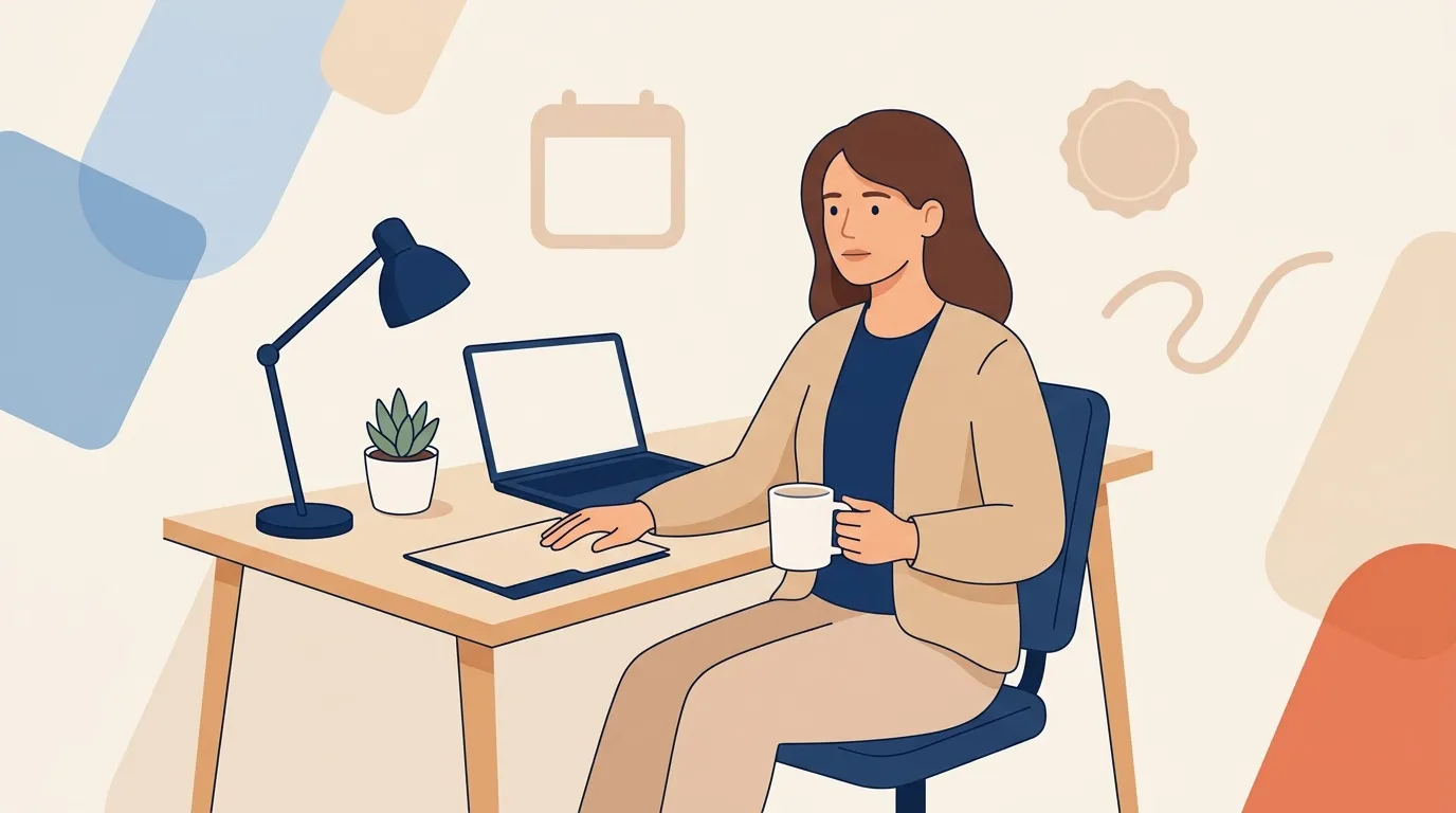 Femme assise à son bureau avec ordinateur portable et café