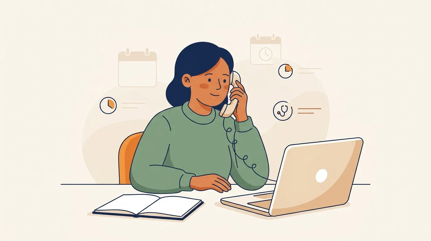 Femme au t&eacute;l&eacute;phone travaillant sur ordinateur portable au bureau