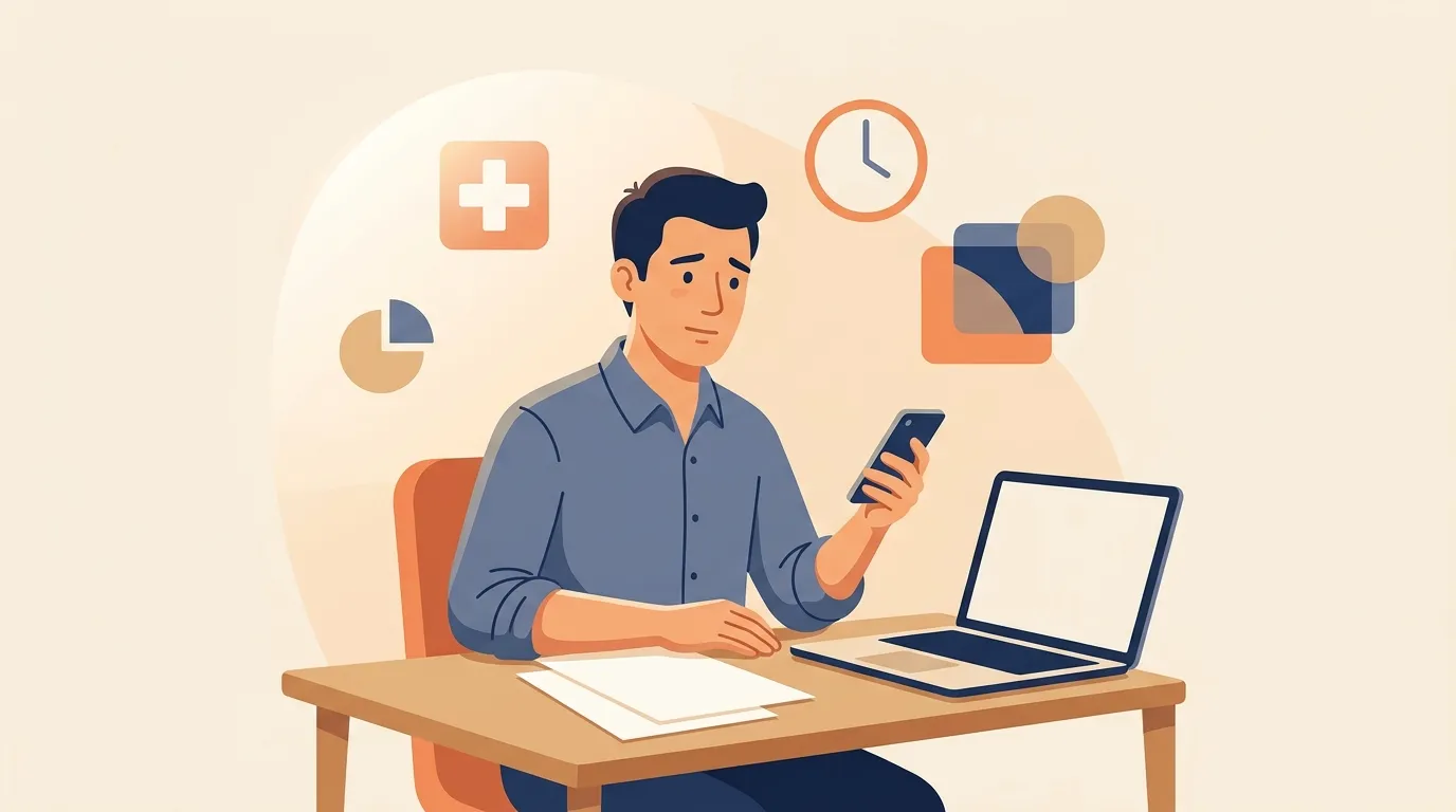 Homme au bureau jonglant t&eacute;l&eacute;phone, laptop et t&acirc;ches administratives